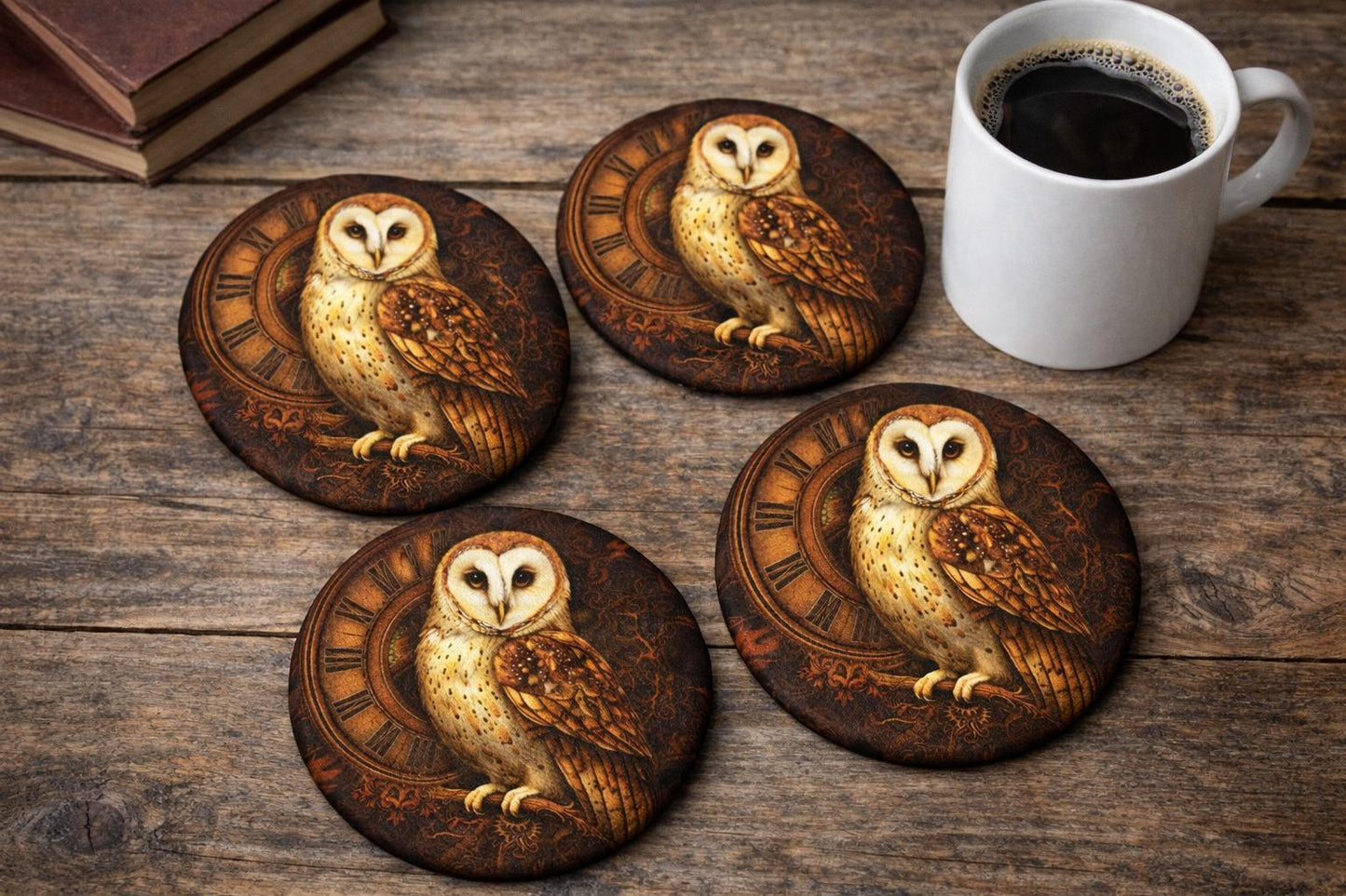 Vintage Owl Clock Round Coasters