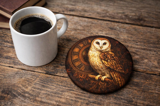 Vintage Owl Clock Round Coasters