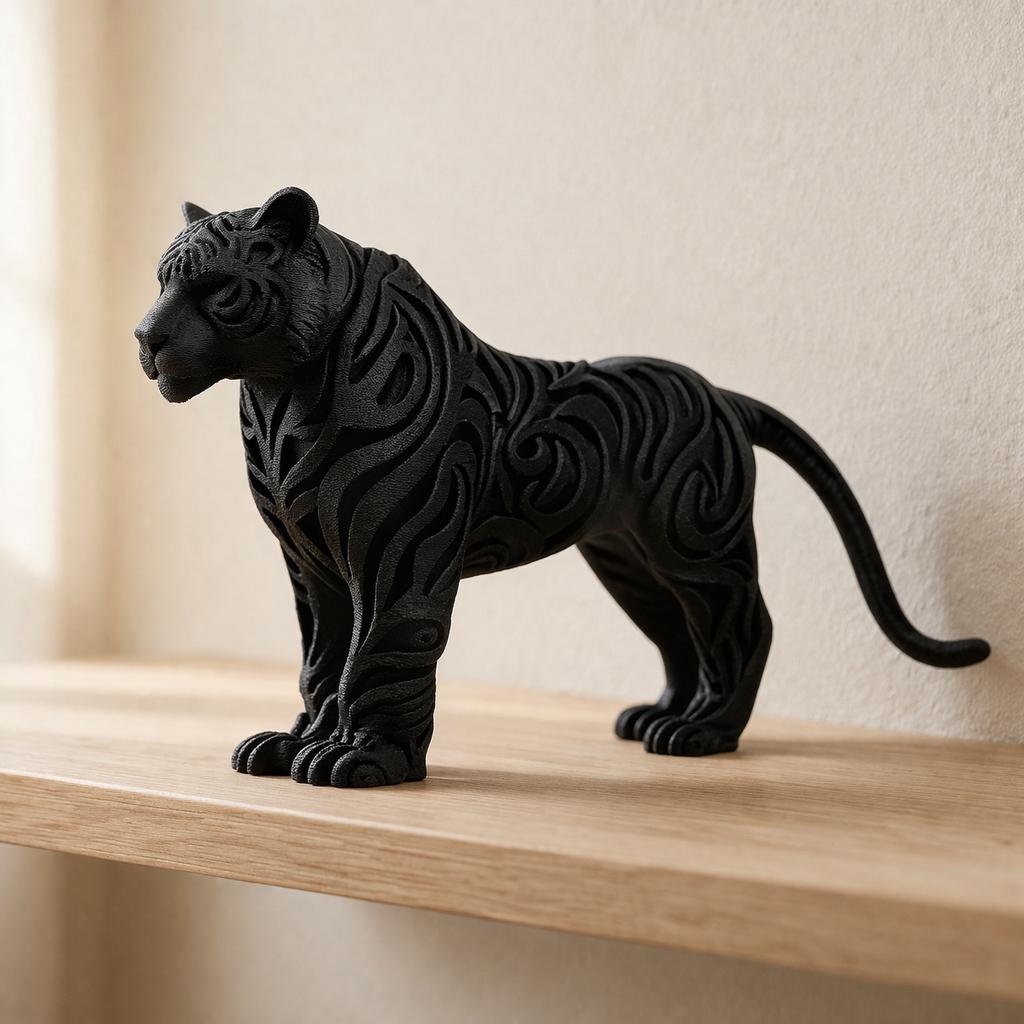 Tribal Tiger Sculpture: Carved Pattern Wildlife Art, 3D Printed Home Decor