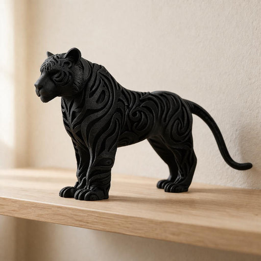 Tribal Tiger Sculpture: Carved Pattern Wildlife Art, 3D Printed Home Decor