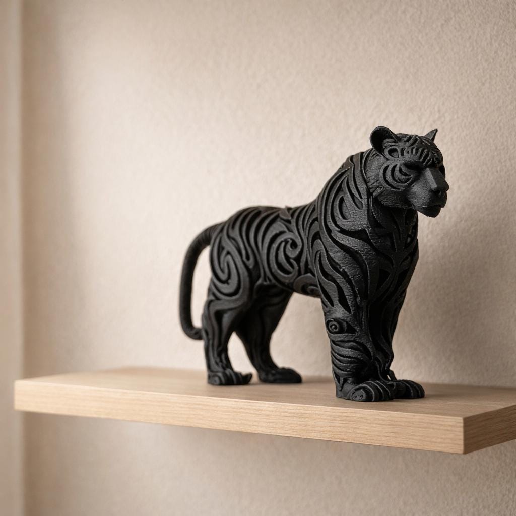 Tribal Tiger Sculpture: Carved Pattern Wildlife Art, 3D Printed Home Decor