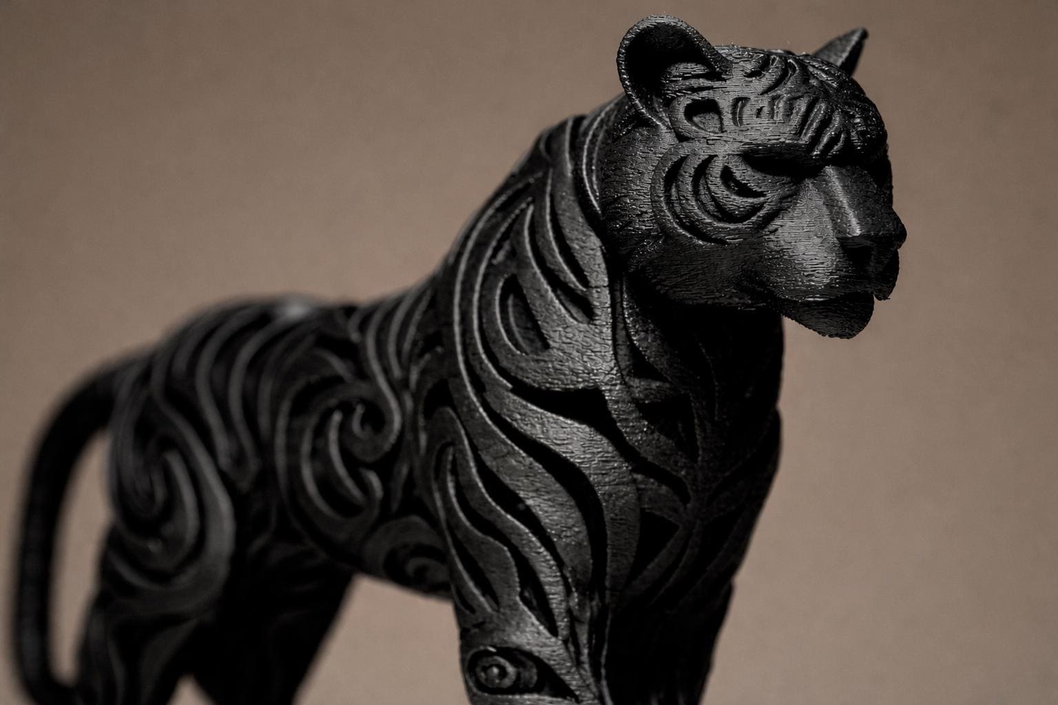 Tribal Tiger Sculpture: Carved Pattern Wildlife Art, 3D Printed Home Decor