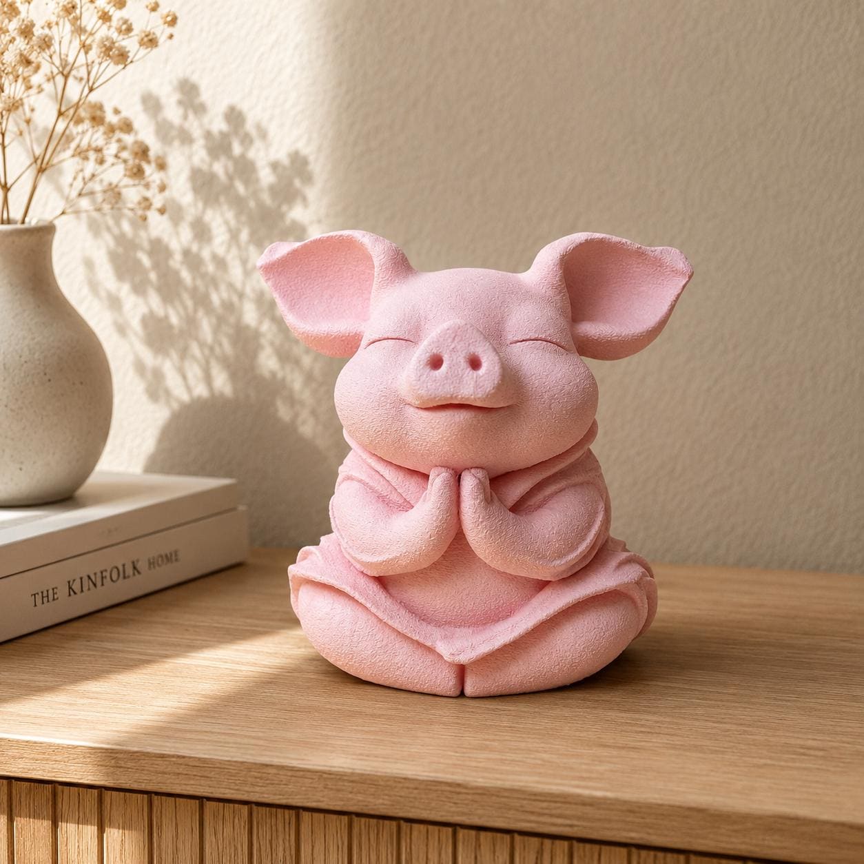 Meditating Piglet Sculpture: Peaceful Zen Animal Ornament, Pastel Home Décor