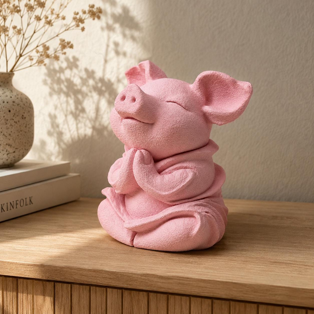 Meditating Piglet Sculpture: Peaceful Zen Animal Ornament, Pastel Home Décor