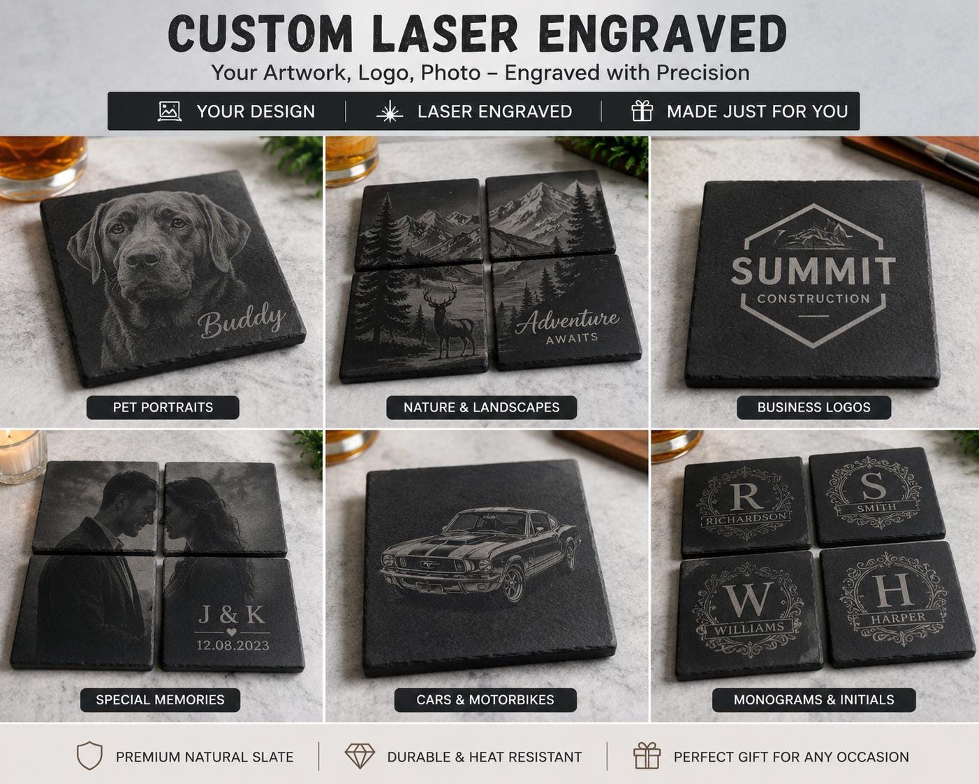 Custom Laser Engraved Slate Coasters | Your Artwork, Logo, Photo | UK Handmade Set