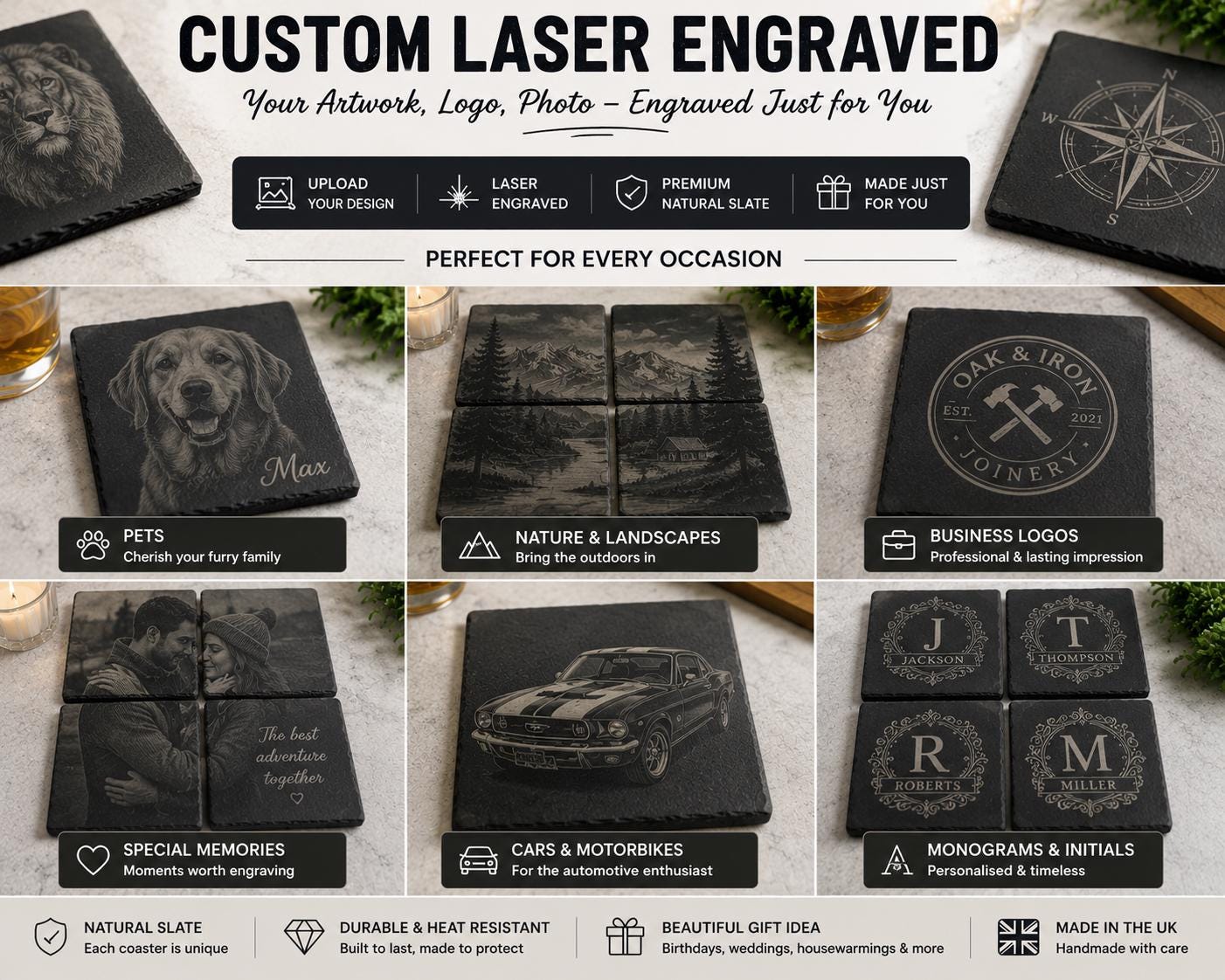 Custom Laser Engraved Slate Coasters | Your Artwork, Logo, Photo | UK Handmade Set