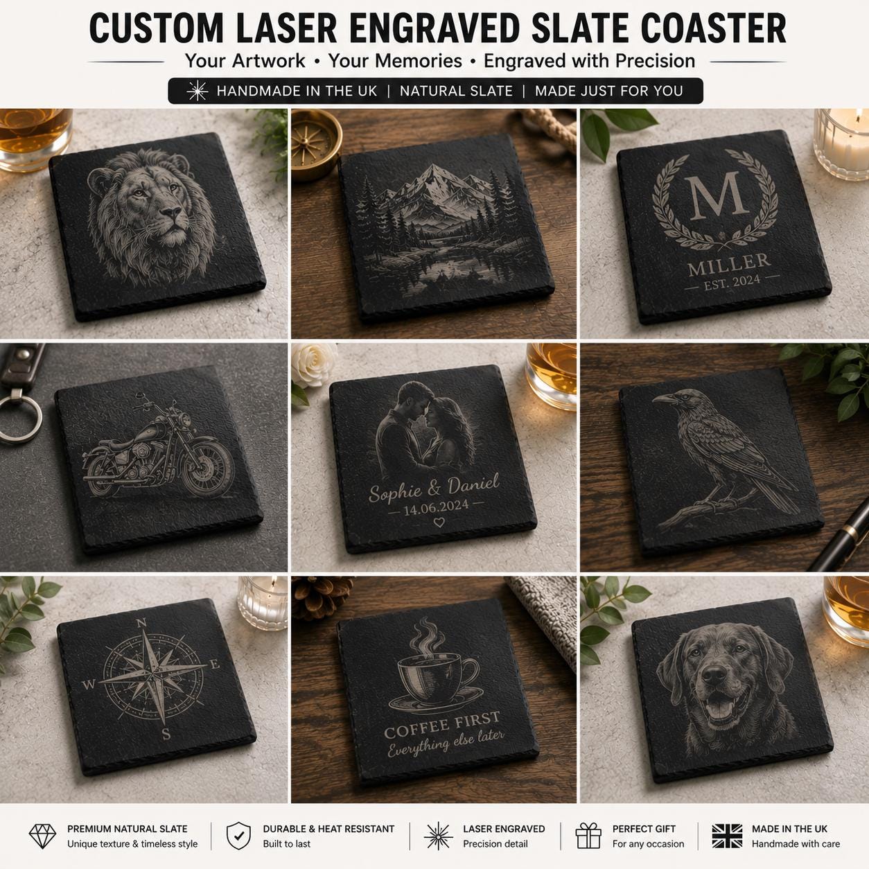 Custom Laser Engraved Slate Coasters | Your Artwork, Logo, Photo | UK Handmade Set