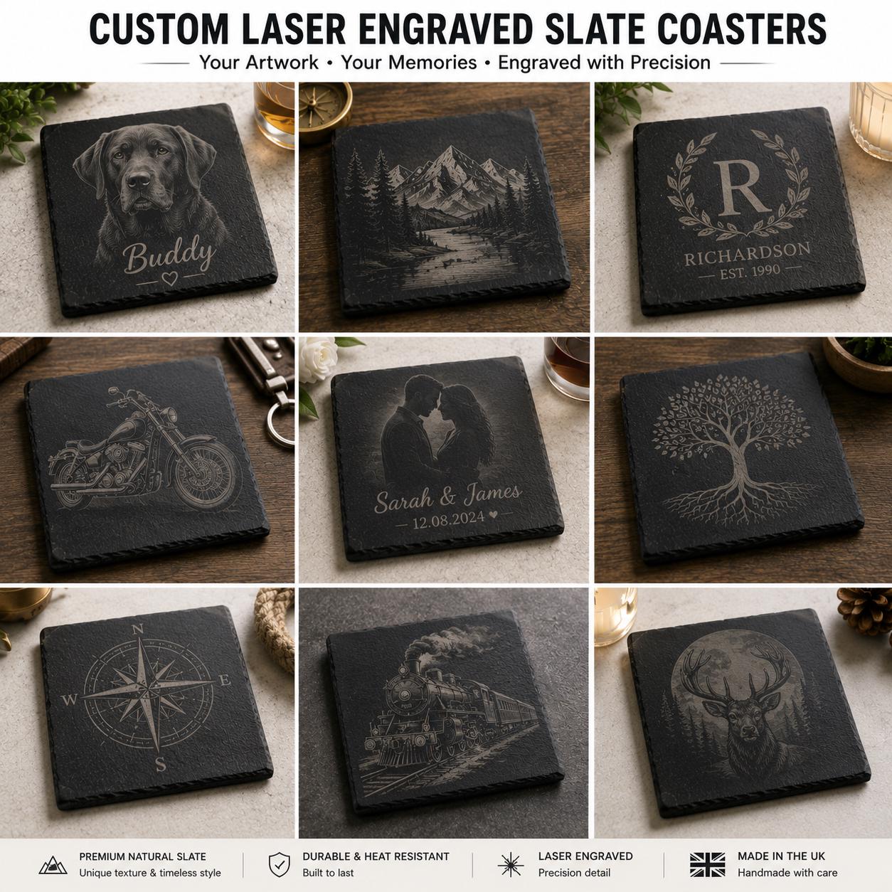 Custom Laser Engraved Slate Coasters | Your Artwork, Logo, Photo | UK Handmade Set