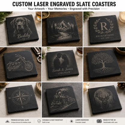 Custom Laser Engraved Slate Coasters | Your Artwork, Logo, Photo | UK Handmade Set