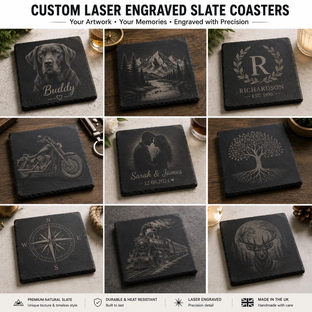 Custom Slate Coaster from Your Idea | We Create Your Design | Personalised Laser Engraved Gift | Handmade UK