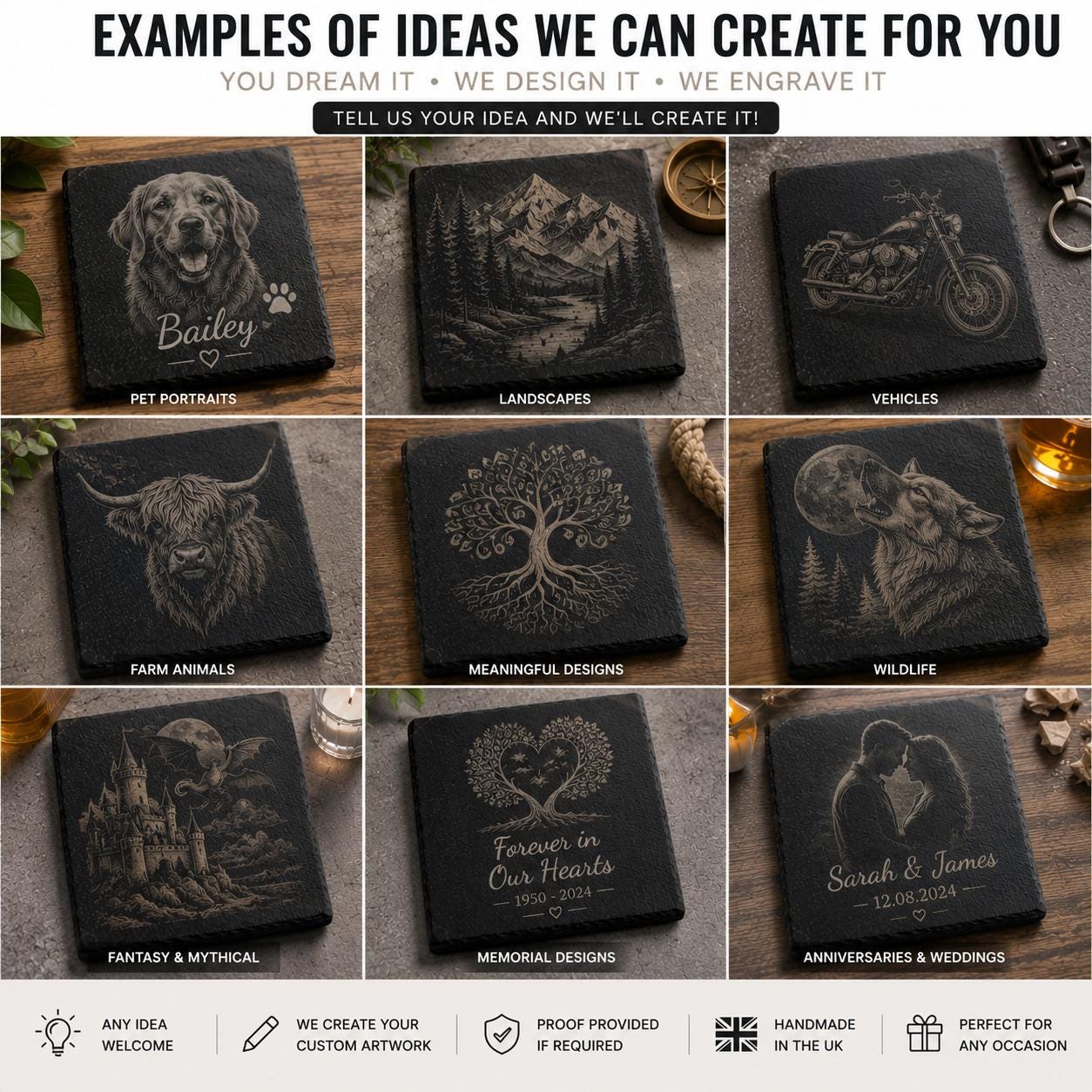 Custom Slate Coaster from Your Idea | We Create Your Design | Personalised Laser Engraved Gift | Handmade UK
