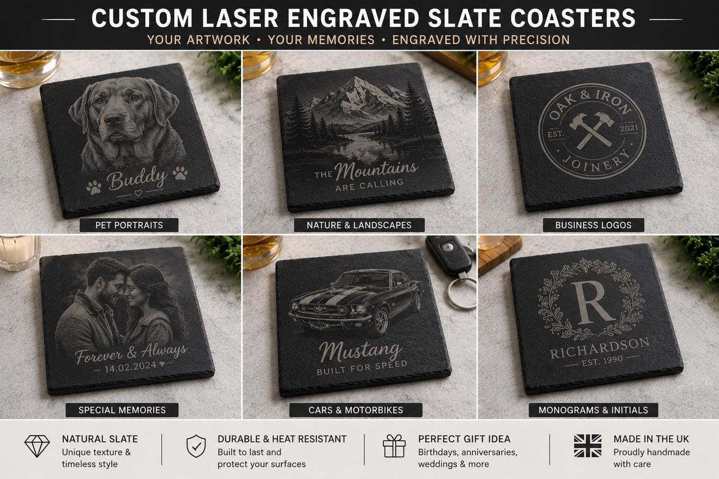 Custom Laser Engraved Slate Coasters | Your Artwork, Logo, Photo | UK Handmade Set