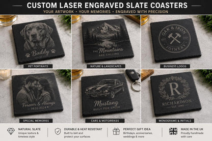 Custom Laser Engraved Slate Coasters | Your Artwork, Logo, Photo | UK Handmade Set