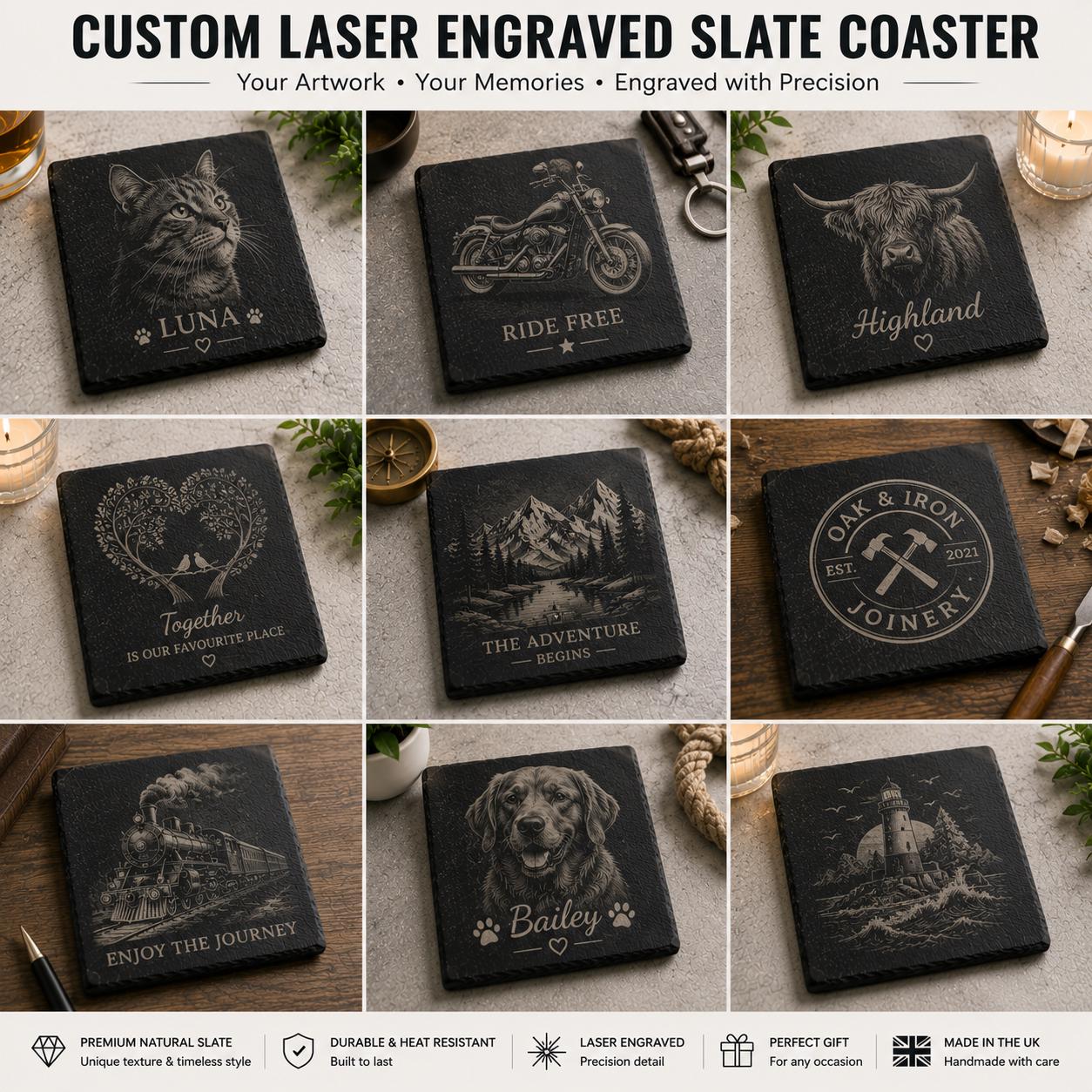 Custom Laser Engraved Slate Coasters | Your Artwork, Logo, Photo | UK Handmade Set