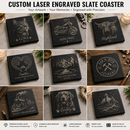 Custom Laser Engraved Slate Coasters | Your Artwork, Logo, Photo | UK Handmade Set