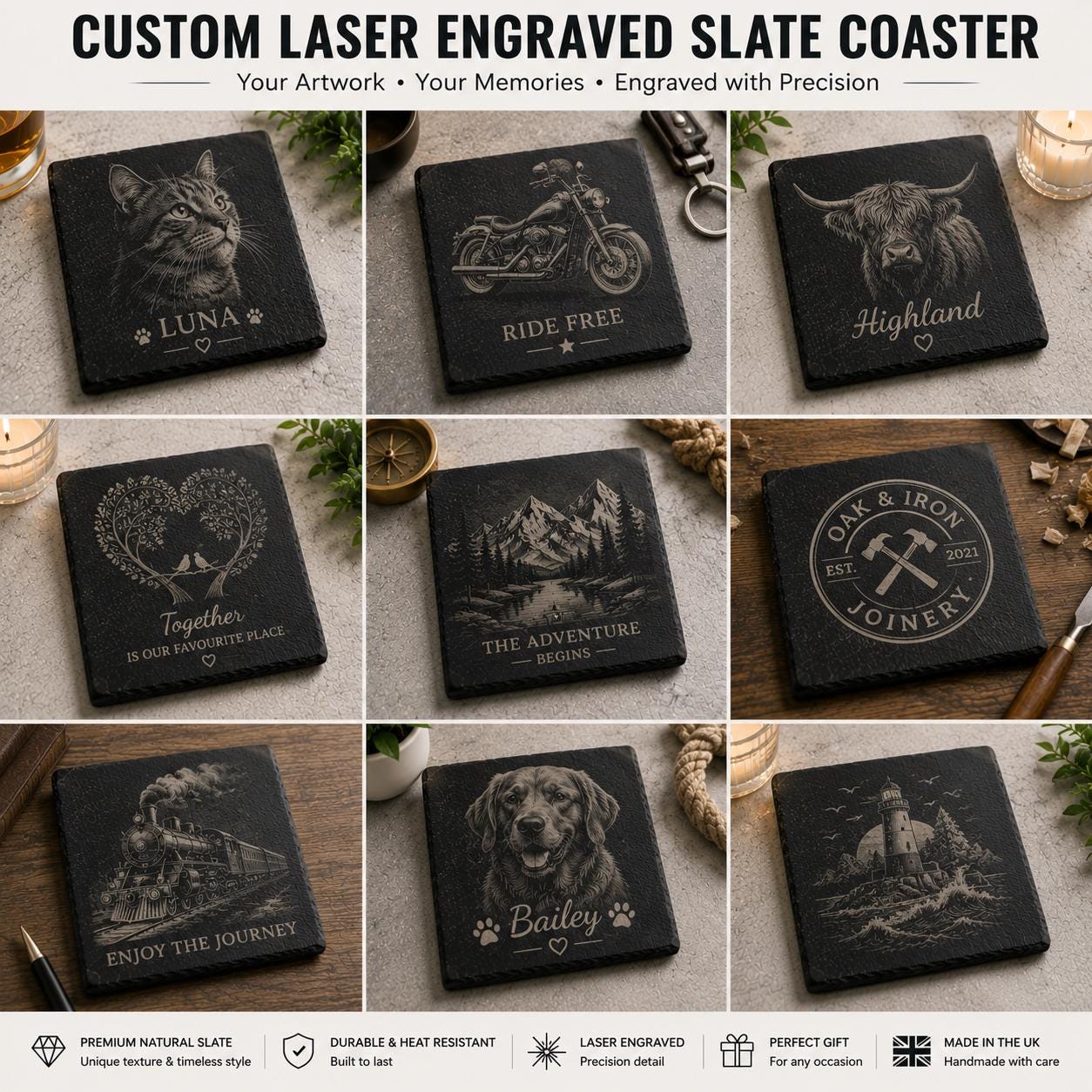 Custom Slate Coaster from Your Idea | We Create Your Design | Personalised Laser Engraved Gift | Handmade UK